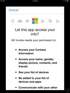 Picture of the Cortana app on iOS, displaying its -Let This App Access Your Info- screen, showing the top part.