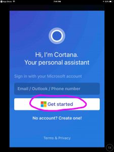 Picture of the Cortana App on iOS, displaying its introduction screen, with the -Get Started- button circled.