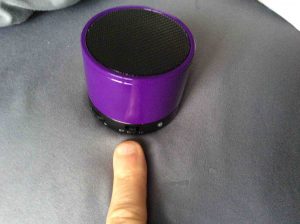 Picture of the Craig Bluetooth speaker, model CMA3568, front view, with its BT on-off switch highlighted. How to connect Amazon Echo to Bluetooth speaker.