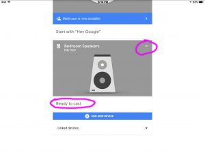 Screenshot of the Google Home app on iOS, displaying its Devices screen, showing a Google Chromecast Audio receiver card, with its control menu button circled, top right.