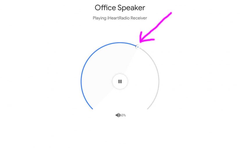 Picture of the Google Home app on iOS, displaying its volume control screen for the Google Home Mini smart speaker.