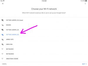 Picture of the -Choose Your Wi-Fi Network- screen, showing our choice as turned blue after tapping it.