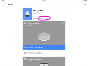 Picture of the Google Home app displaying its -Devices- screen, showing an original Google Home speaker needing setup, with the -Set Up- button circled.
