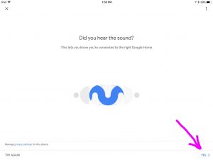 Picture of the Google Home app on iOS, displaying its -Did You Hear the Sound- prompt, with the -Yes- link highlighted.