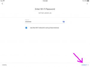 Picture of the Google Home app on iOS, displaying its -Enter Wi-Fi Password- screen, showing the -Password- box filled In, and the -Connect- link highlighted.