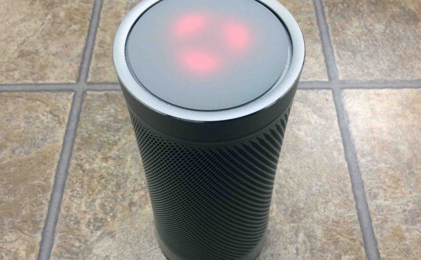 Picture of the Harman Kardon Invoke smart ppeaker, requesting a reset, by showing its red lights rotating.