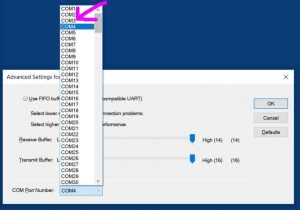 Picture of the -Advanced COM Port Settings- screen on Windows 10, showing the -COM Port Number- control, expanded, with the current COM port (COM4) highlighted in blue, and the desired COM port (COM3) pointed at by the purple arrow. How to Change COM Port on USB Modem.