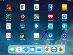 Screenshot of the iOS home screen, showing the Alexa app Icon highlighted. Alexa Echo Studio Setup.