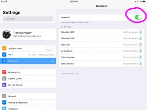 Picture of the iOS -Bluetooth Settings- screen, with Bluetooth enabled, and the -Turn Bluetooth Off- toggle control highlighted.