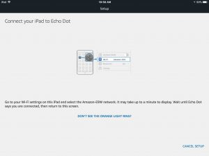 Screenshot of the Alexa app on iOS, displaying its -Echo Dot Setup-Connect Your iPad To Echo Dot- screen. 