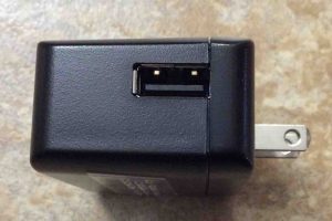 Picture of the AC wall adapter for the eBook player and navigator, showing its USB output port side. 