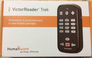Picture of the Victor Reader Trek GPS navigator player package box, top view.