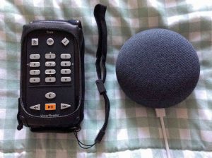 Picture of the Victor Reader Trek talking GPS player and the Google Home Mini smart speaker, front view of both, side By side. Does Google Home Mini have Bluetooth yet?