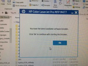 Picture of the HP Color LaserJet Pro MFP M477 driver software, displaying its -Latest Available Installer- message screen.