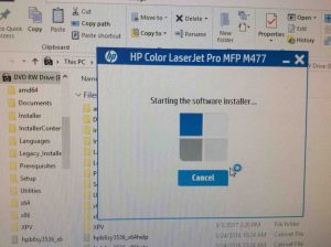 Picture of the HP Color Laser Jet Pro MFP M477 driver software installer, starting up.