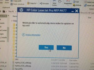 Picture of the HP Color LaserJet Pro MFP M477 installer, displaying its -Check for Online Updates- prompt.