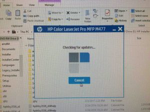 Picture of the HP Color LaserJet Pro MFP M477 installer, displaying its -Checking for Online Updates- screen.