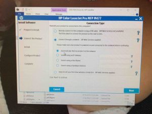 Picture of the HP Color Laserjet Pro MFP M477 driver installer, displaying its -Connection Type- screen.