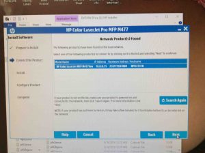 Picture of the Color HP Laserjet Pro MFP M477 driver installer, displaying its -Network Products Found- screen.