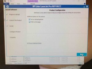 Picture of the HP Color Laserjet Pro MFP M477 driver installer, displaying its -Product Configuration- screen.