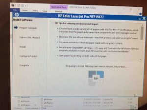 Picture of the HP Color Laserjet Pro MFP M477 driver installer, displaying its -Tips for Reducing Environmental Impact- screen.