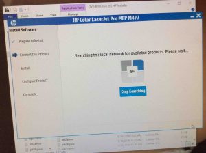 Picture of the HP Color Laserjet Pro MFP M477 driver installer, displaying its -Searching Local Network for Available Products- screen.