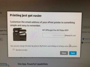 Picture of the HP Color Laserjet Pro MFP M477 driver installer, displaying its - Set Printer Email Address- screen.