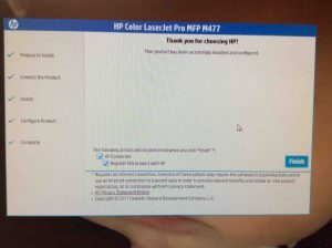Picture of the HP Color Laserjet Pro MFP M477 driver installer, displaying its -Thank You for Choosing HP- screen.