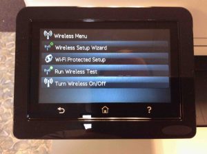 Picture of the HP Color Laserjet Pro MFP M477 FDW printer, displaying its -Wireless Menu- screen.