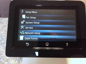 Picture of the HP Color Laserjet Pro MFP M477 printer, displaying its -Setup Menu- screen, scrolled down to show the -Network Setup- Item.