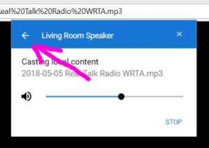 Screenshot of the -Casting Local Content to Living Room Speaker- window, with the -Back-link highlighted.