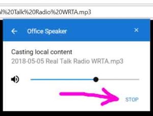 Screenshot of the -Casting Local Content- window, to -Office Speaker-. Showing the STOP button.