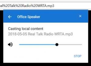 Screenshot of the -Casting Local Content to Office Speaker- window. A necessary step to play music from this PC on the Google Home speaker.