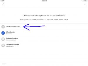 Picture of the -Choose Default Speaker- screen, with the -Pair JBL Speaker- item highlighted. 