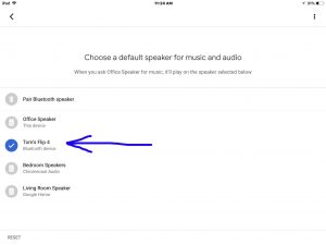 Picture of the Google Home app on iOS in 2018, showing its -Choose Default Speaker- screen, with the -Toms Flip 4- Bluetooth speaker highlighted.