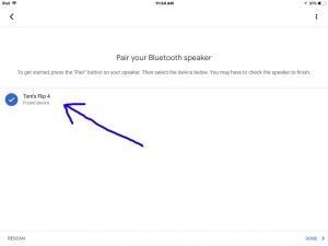 Picture of the Google Home app on iOS in 2018, showing its -Pair Your Bluetooth Speaker- screen, whtn it found a Bluetooth device.