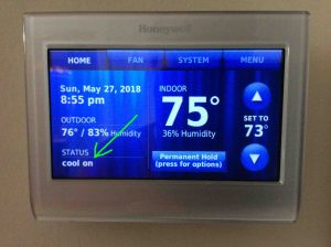 Picture of the RTH9580WF WiFi thermostat, showing its -Cool On- message highlighted after the Honeywell thermostat Waiting for Equipment message disappeared.
