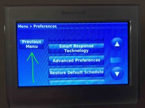 Picture of the Honeywell RTH9580WF WiFi thermostat, showing its -Preferences- page, with the -Previous Menu- button highlighted.