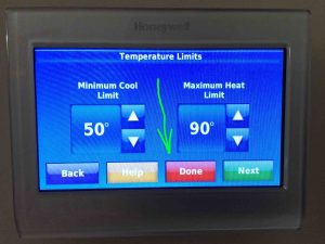 Screenshot of the -Temperature Limits- page, highlighting the red -Done- button.