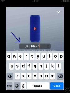 JBL Connect Plus app screenshot picture gallery. Screenshot of the JBL Connect app on iOS, showing its -Change Speaker Name- screen, with the Edit box highlighted.