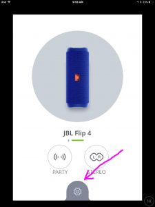 Screenshot of the JBL Connect app on iOS, showing its Home screen with the -Settings- button highlighted.