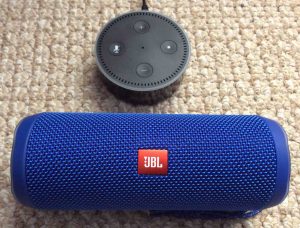 Picture of the JBL Flip 4 alongside an Amazon Echo Dot 2 speaker. Amazon Alexa Dot Picture Gallery.