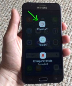 Showing the phone's -Power- screen, with the OFF button highlighted.