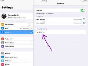 Screenshot of the iOS -Bluetooth Settings- page, showing -Tom's Flip 4- speaker discovered but not paired yet highlighted.