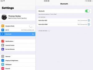Screenshot of the iOS iPad Air, showing previously paired Bluetooth devices list. Note that there's no JBL Clip 4 speaker now.