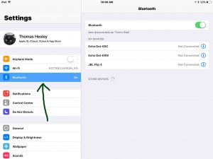 Screenshot of the -Settings- page on iPad Air, with Bluetooth turned ON screen showing, and the Bluetooth item highlighted. 