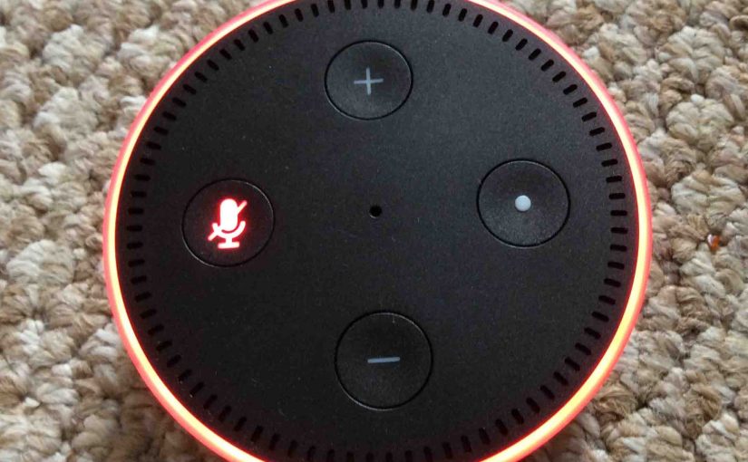 Picture of the Amazon Alexa Echo Dot Gen 2 smart speaker with its Mic OFF, muted, showing the glowing red light ring.