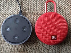 Picture of an Amazon Echo Dot 2 talking speaker with a JBL Clip 3 Bluetooth speaker.