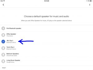 Picture of the Google Home app on iOS, showing its -Choose Default Speaker- screen, with the JBL Clip 3 speaker highlighted.