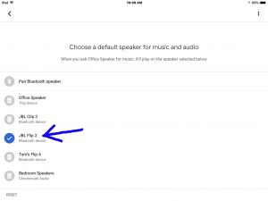 Screenshot of the Google Home app on iOS, showing its -Choose a Default Speaker- screen, with the JBL Flip 2 Bluetooth speaker checked and highlighted.